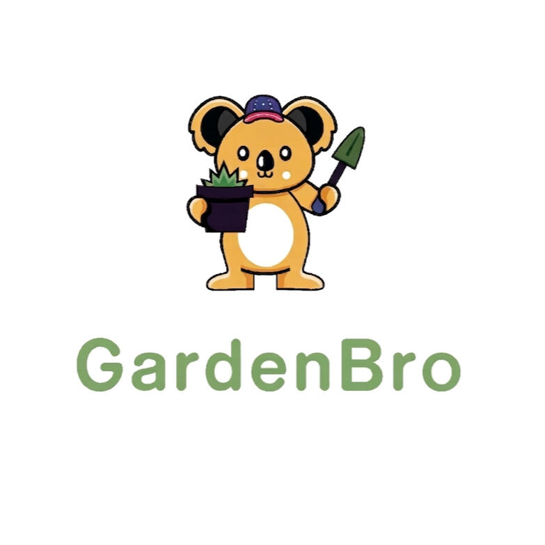GardenBro logo — cartoon koala mascot holding a small potted plant and trowel