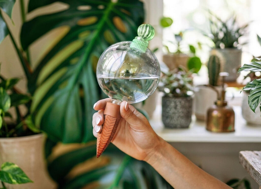 Hand holding a glass terracotta self-watering globe inserted into a potted houseplant