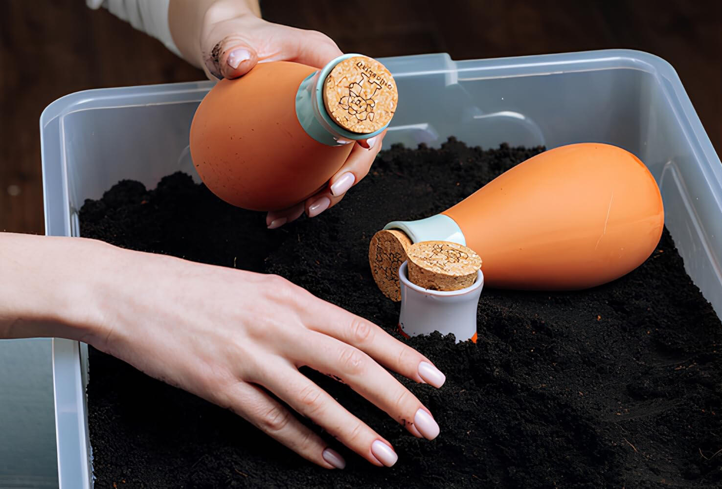 Terracotta olla watering pots with cork stoppers being buried in soil, four-pack large size