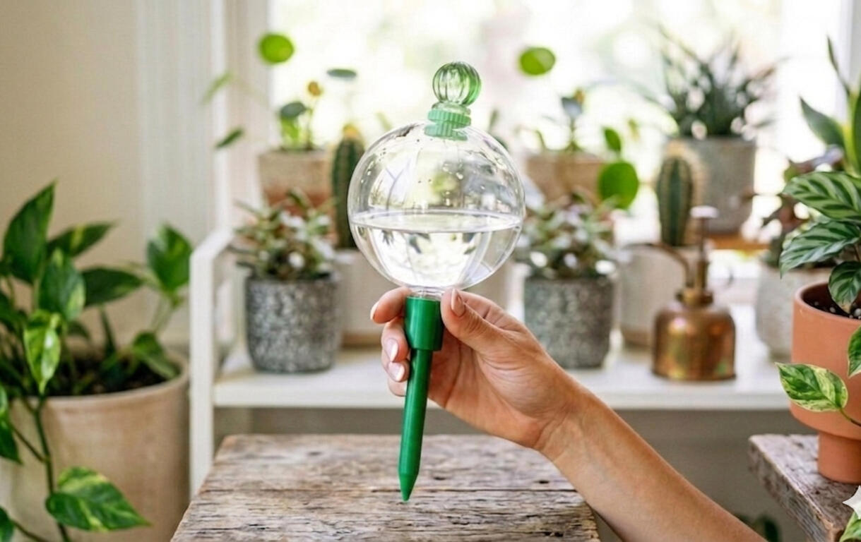 Hand holding a glass globe with metal spike self-watering insert for potted plants